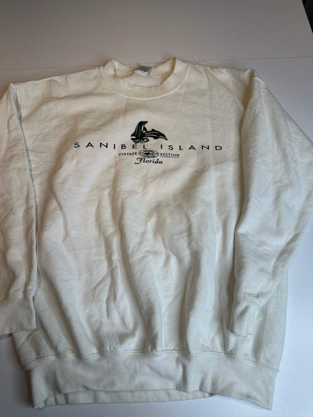 Gildan Cream Sanibel Island Florida Crewneck Sweatshirt with Dolphin Graphic